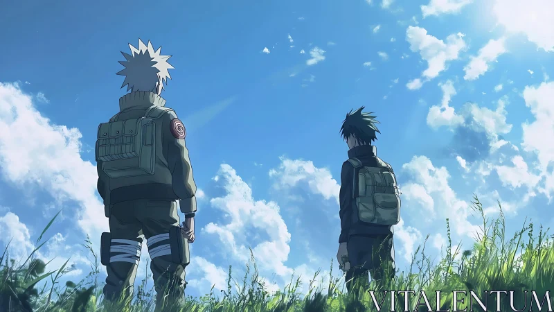 Anime travelers stand in sunlit grass beneath vast sky.