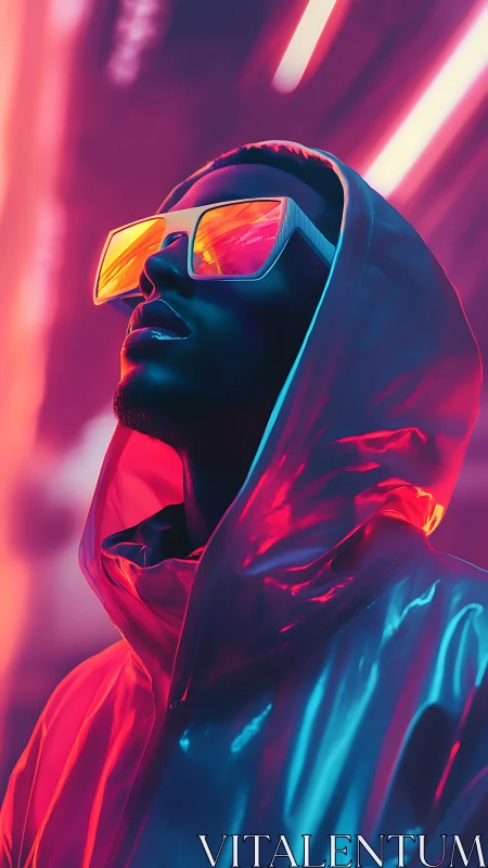 Neon-clad figure studies light trails in cyberpunk chromatic glow