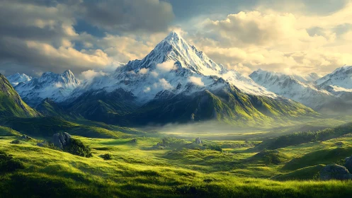 Sunlit alpine peak rises over emerald fantasy valley
