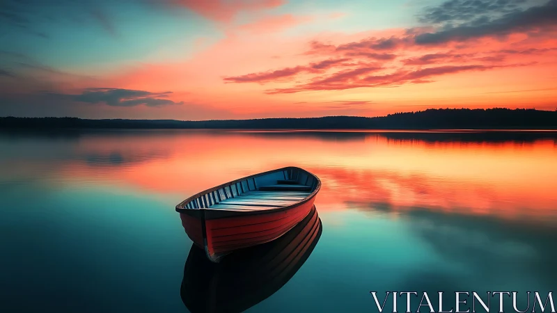 Crimson rowboat dreaming under cotton candy sunset skies.