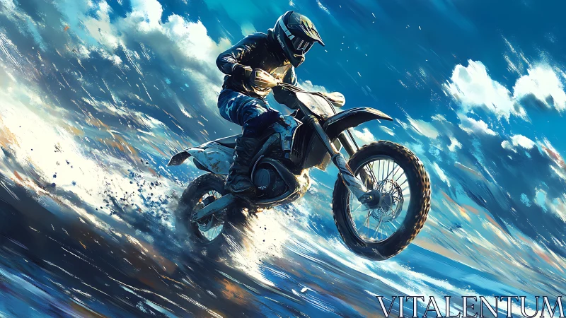 Motocross rider launches dirt bike across wet shoreline