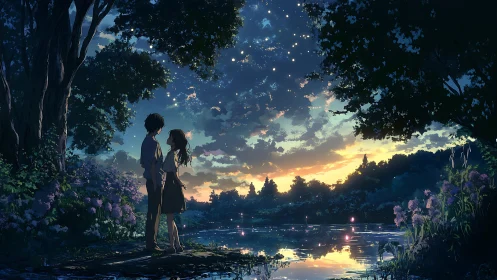 Starlit young couple share a quiet moment by a glowing lake