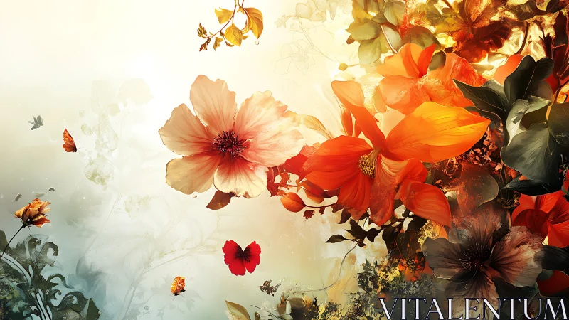 Large red-orange flowers with butterflies and foliage.