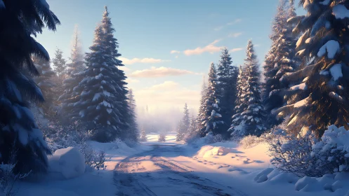 Snow covered forest road under soft winter sunrise light.