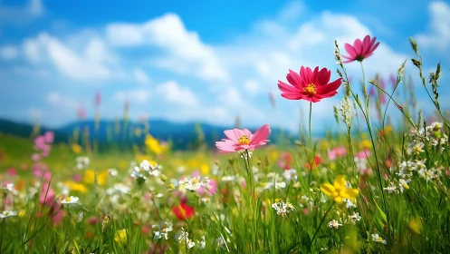 Wildflower meadow with cosmos and dahlias in clear daylight.