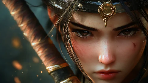 Battle worn warrior portrait with sword and golden circlet