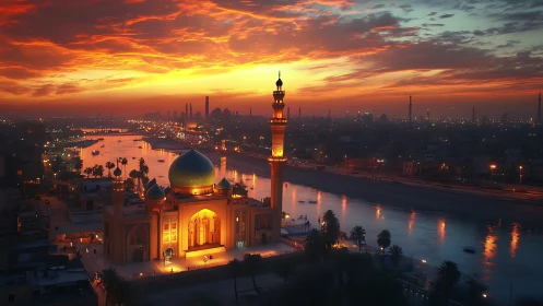 Riverside mosque glows under intense crimson sunset sky.