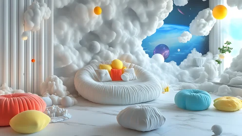 Playful cloud lounge with space view and bright seating.