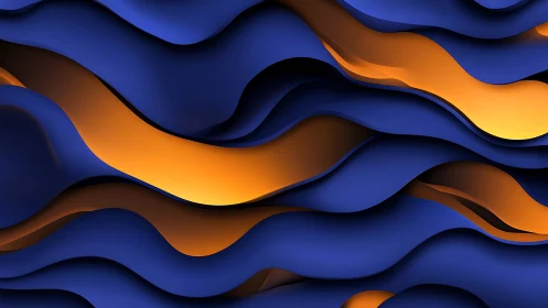 Layered blue waves reveal glowing orange ribbons beneath.