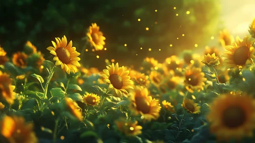 Backlit sunflower field rendered with shallow depth and bokeh glow