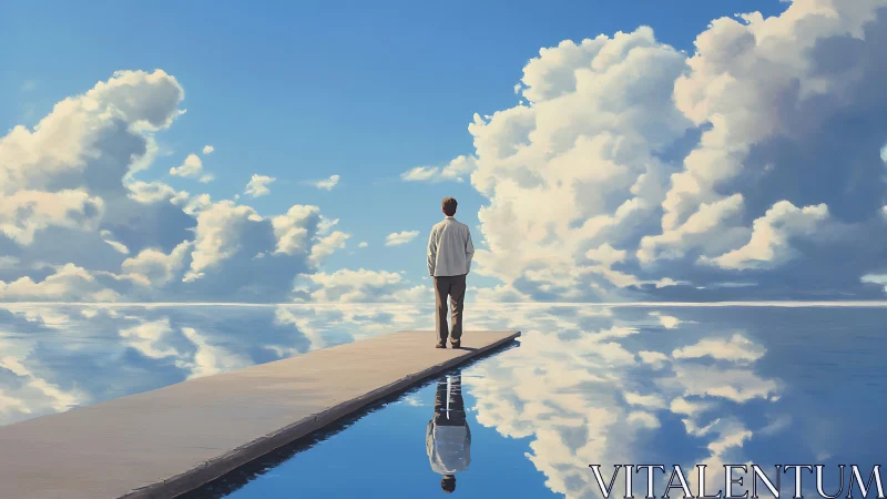 Digital painting of solitary figure on reflective sky pier.