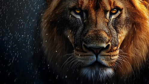 Lion portrait glows under rain with intense golden gaze.