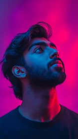 Dreamy neon portrait of a thoughtful young man at night.