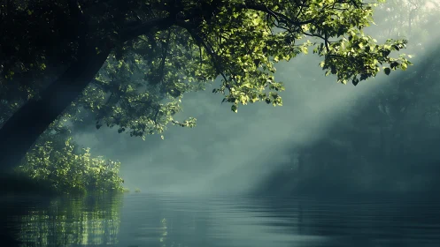 Serene lakeside forest scene with sun rays and misty atmosphere.