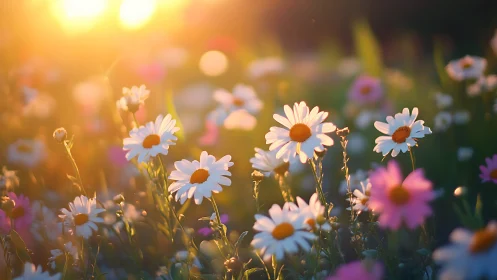 Daisies glowing in golden hour sunlight with soft bokeh