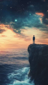 Solitary figure studies starlit sky above stormy ocean cliff