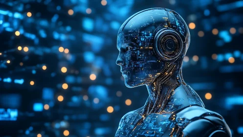 Metallic humanoid robot profile shows integrated circuit surfaces