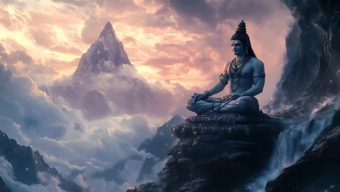 Divine blue figure meditates above cloud-wreathed peaks.
