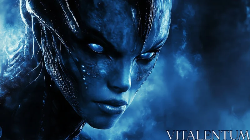 Close-up of blue extraterrestrial humanoid face in mist.