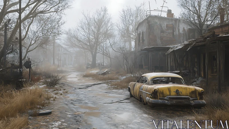 Rusted sedan dreaming in a fog-choked abandoned street.