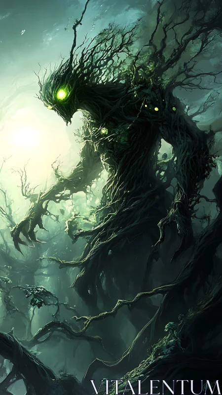 Dark forest guardian made of twisted roots and branches.