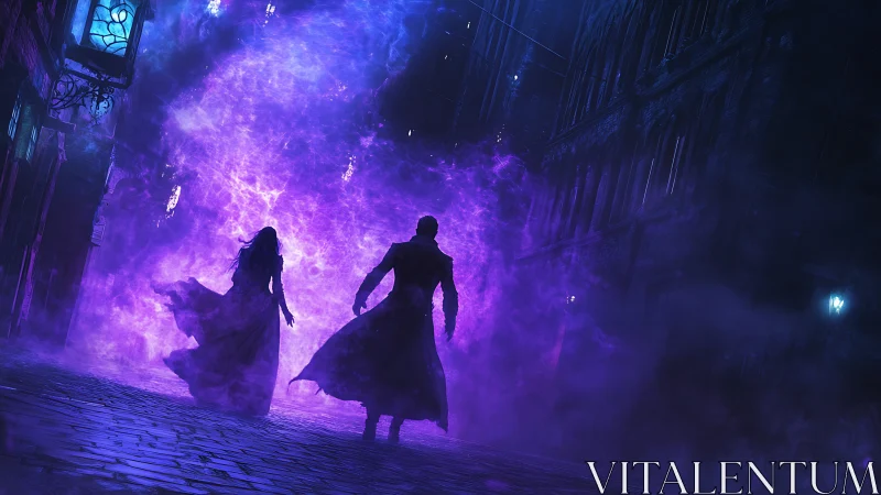 Midnight sorcerers stride through a neon violet rifted alley.