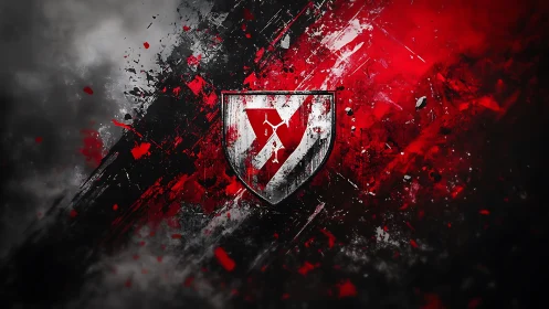 Shield emblem on red and black grunge digital background.