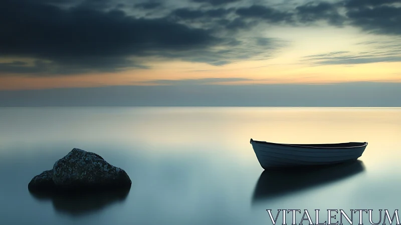 Solitary rowboat on tranquil sea under dawn sky.