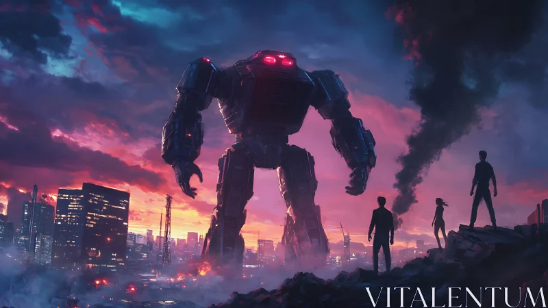 Cinematic digital painting of colossal mech over burning cityscape.