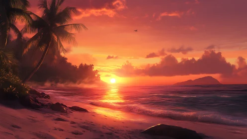 Digital painting sunset seascape with tropical shoreline silhouettes.