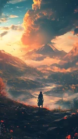 Backlit wanderer studies volcanic valley under turbulent anvil cloud