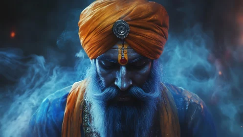Chromatic portrait of turbaned elder in volumetric blue haze.