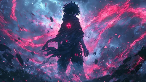 Silhouetted figure stands amid luminous pink energy vortex