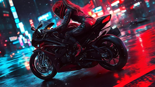 Midnight rider gliding through neon drenched city streets.