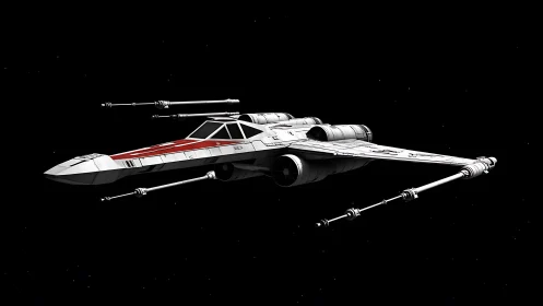 White sci fi starfighter with red accents in deep space.