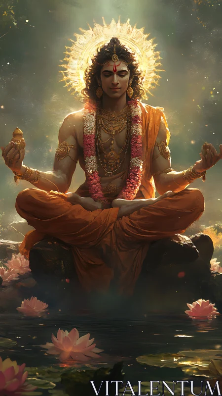 Seated figure in lotus position is depicted above reflective water