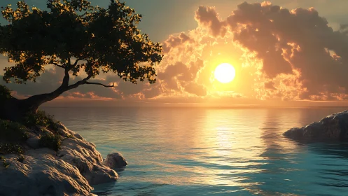Golden ocean sunset beyond rocky shore and lone tree.
