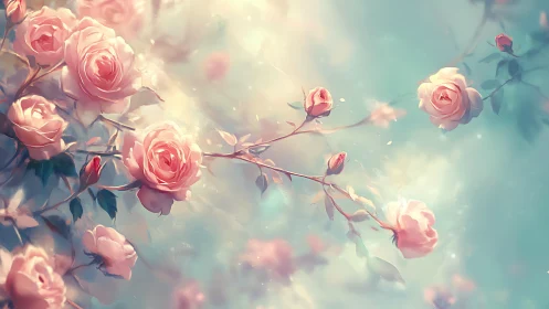 Blush Reverie Blooms Dance Through Ethereal Turquoise Mist