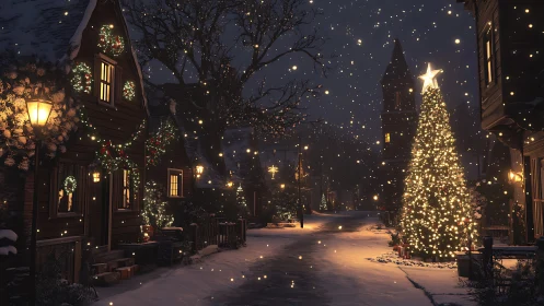 Snowy village street glows under towering Christmas tree lights