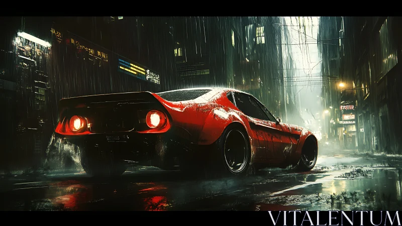 Red sports car in rainy neon city street at night scene.