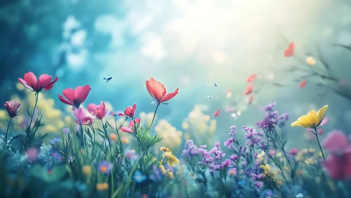Dreamy Wildflower Field With Pink and Purple Blooms.