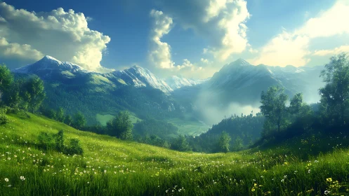 Mountain valley landscape shows sunlit meadow and snowy peaks