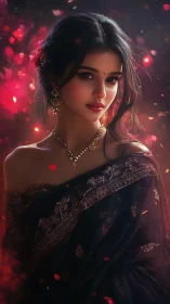 Digital portrait of woman in dark saree with floral bokeh.