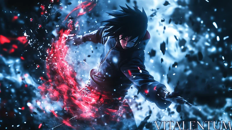 Dark anime warrior unleashes swirling red and blue energy.