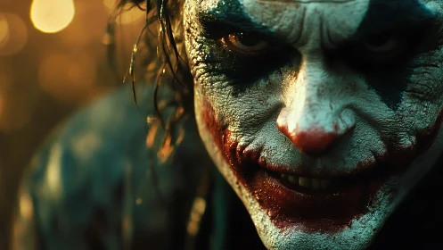 Shadowed clown smile framed in moody golden city glow.