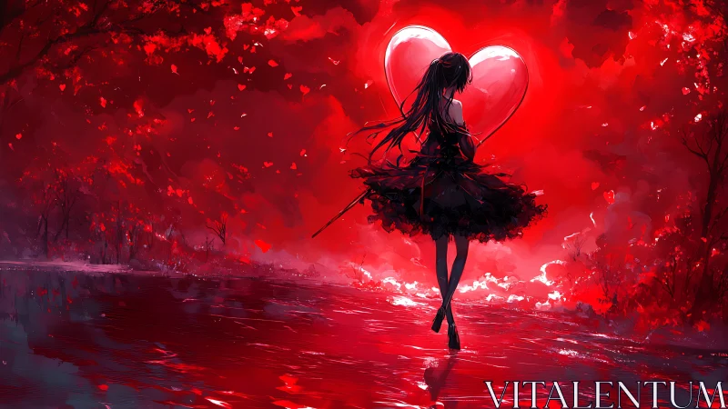 Dark dressed girl stands by river under glowing red heart.