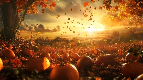 Pumpkin field under autumn sunset with falling leaves.
