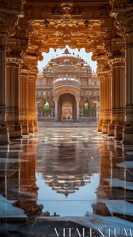 Golden temple corridor glows in mirrored morning light