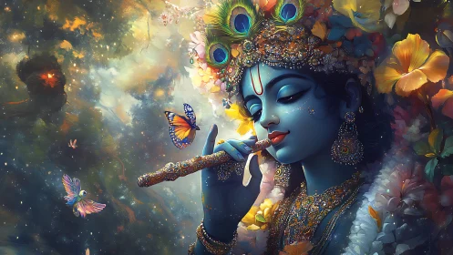 Blue-skinned flutist with floral ornaments and butterflies.