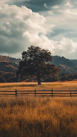 Solitary tree in fenced grassland under clouded sky.
